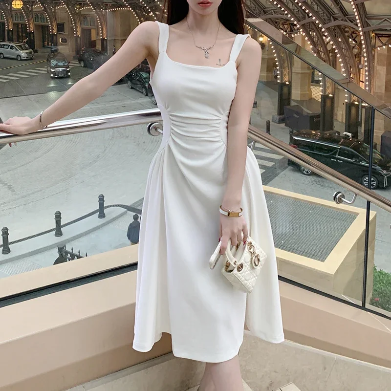 Chic White Elegant Dress Female  Summer High Elastic Spaghetti Strapped Dresses Women Vintage Streetwear Clothing Ladies