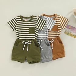 0-3Years Toddler Baby Boys Clothes Short Set Short Sleeve Striped T-shirt with Elastic Waist Shorts 2Pcs Summer Clothing Outfit