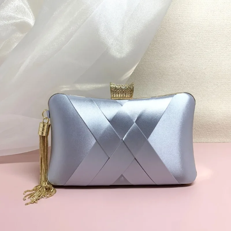 

Silky Like Fabric Woven Women Evening Handbag Classic Silver Knucklebox Tassels Wedding Party Bride/goorm Mother's Clutch Purse