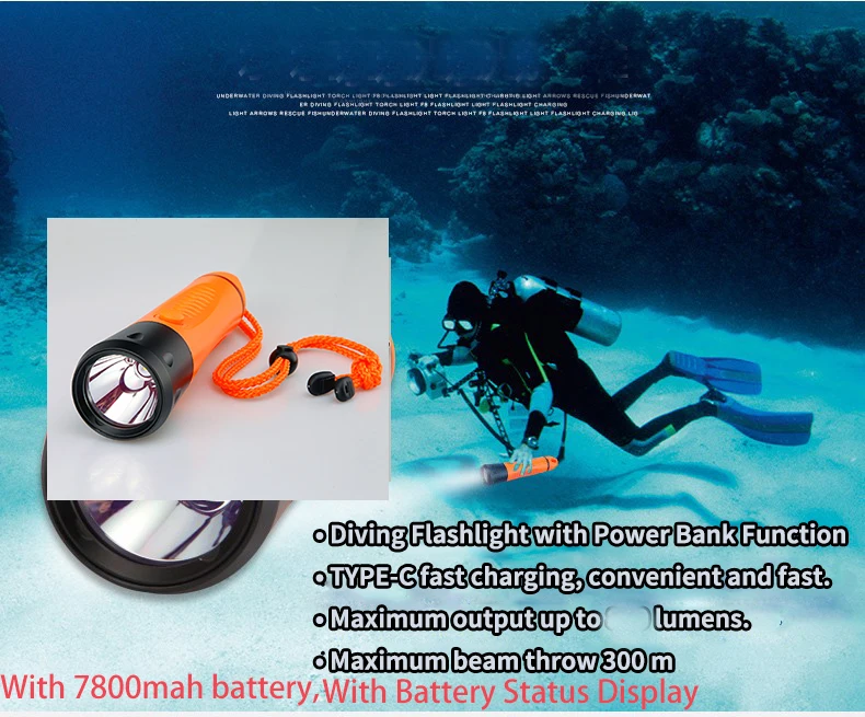 FITECH F8 Professional Scuba Diving Flashlight USB Type-C Rechargeable 1000 Lumens LED Power Bank IP68 Waterproof Torch