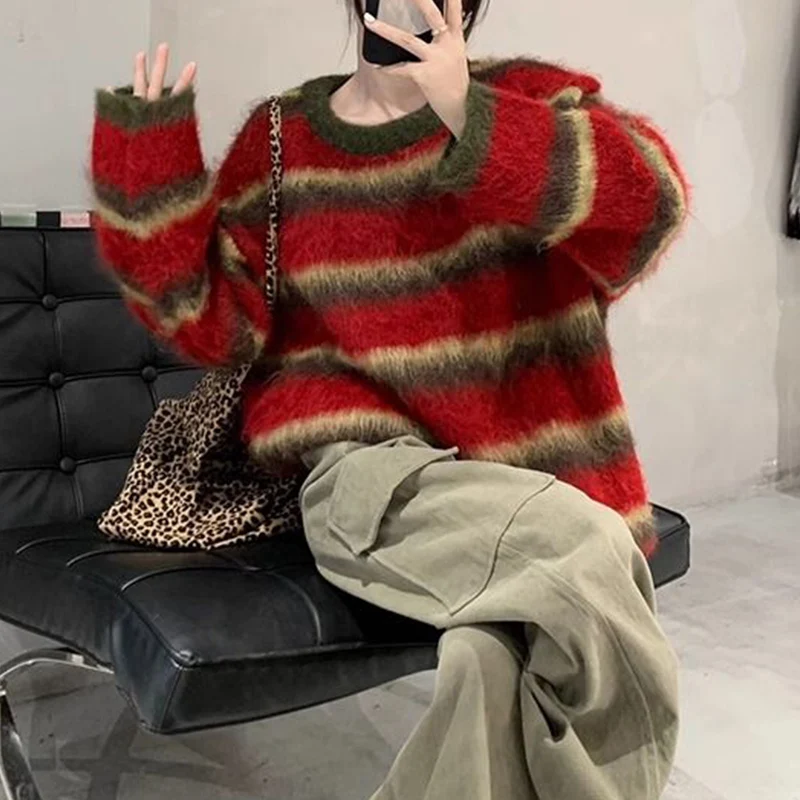 American Retro Casual High Quality Striped Knitted Sweater Autumn/winter New Fashionable Loose Comfortable Exquisite Women's Top