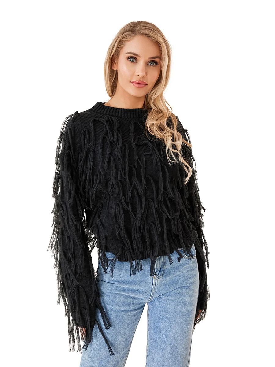 

Womens Knit Sweater Long Sleeve Pullover Tops Crew Neck Tasseled Fringe Jumper Crochet Blouse Outwear