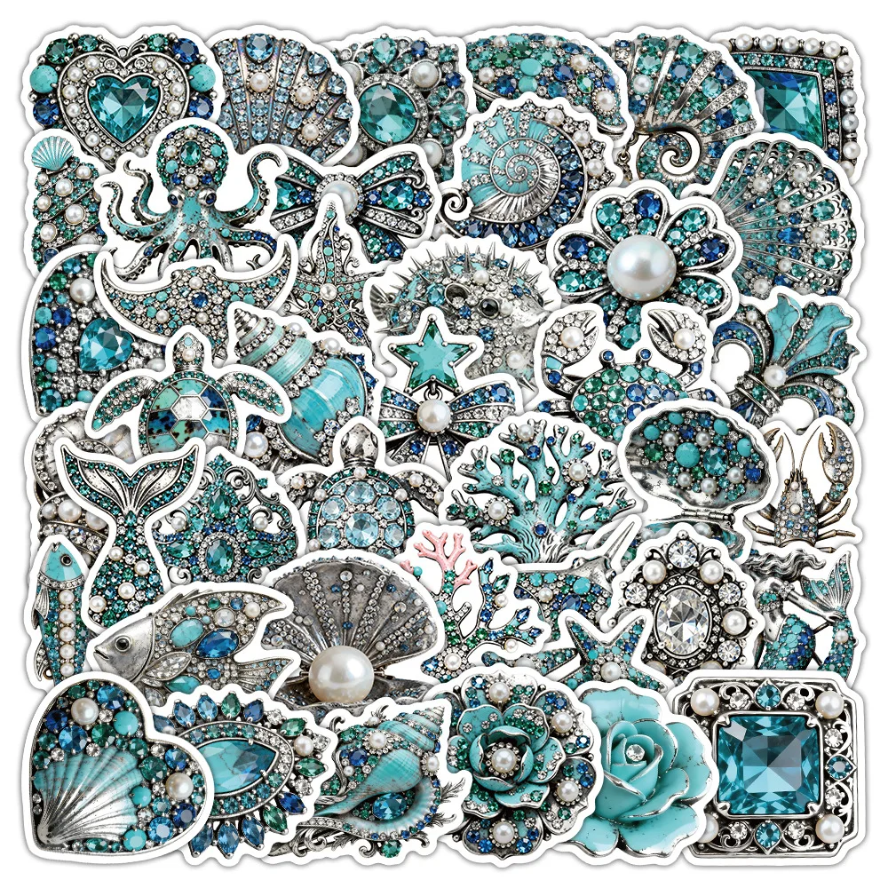 50Pcs Blue Rhinestone Ocean Animal Waterproof Stickers for Water Bottle Skateboard Helmet Reward Journal DIY Decor Decals