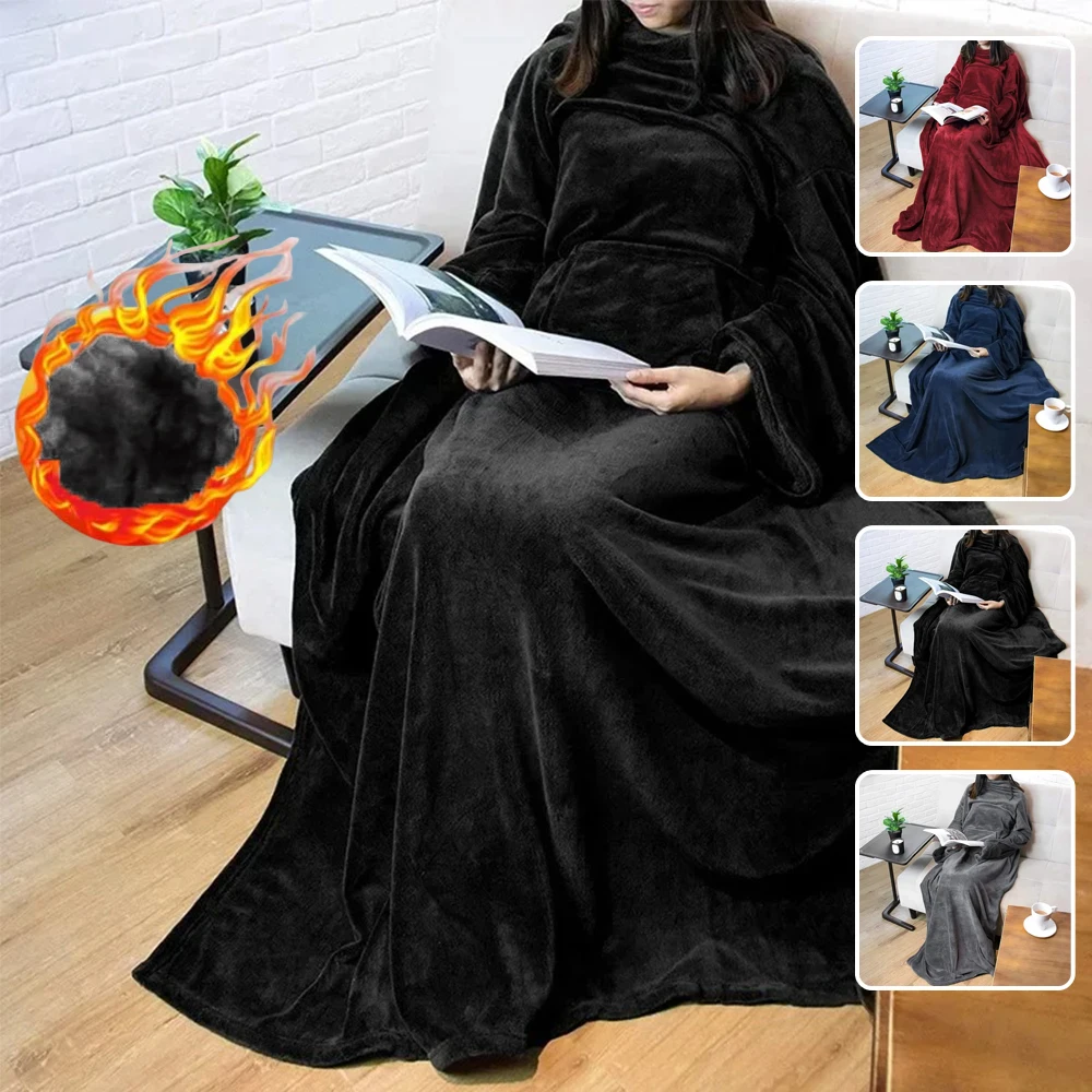

Wearable Blanket with Big Pocket Anti-Static Flannel Sleeve Blanket for Sofa Bed Office Blanket Soft Warm Multifunctional Throw