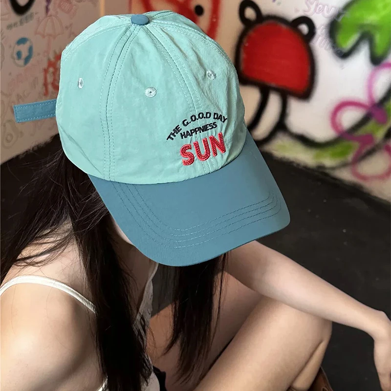 Korean Letter Embroidery Quick Drying Baseball Hats New Unisex Breathable Color Block Sunshade Versatile ins Fashion Peaked Caps