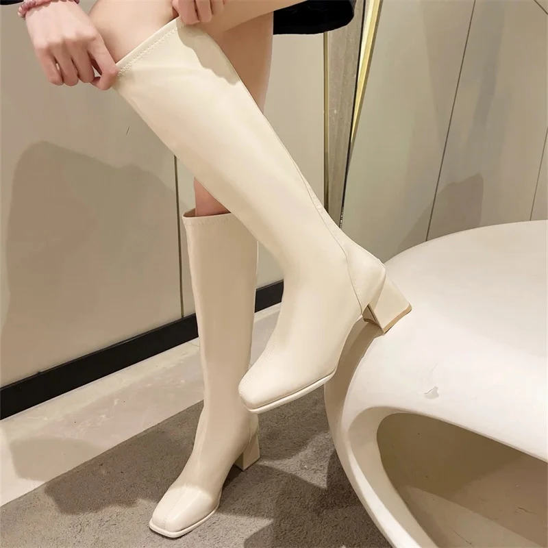

New Autumn Winter Comfortable Versatile Over-the-knee Women's Boots Pumps Slim Square ToeThick Heel Elastic Modern Shoes
