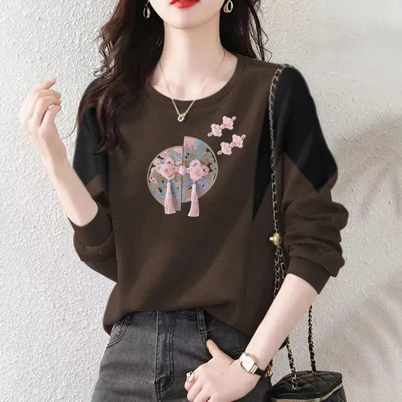 

Модный женский свитшот с круглым вырезом и длинными рукавами, новинка осени и зимы, свободный крой, в китайском стиле, с цветовыми блоками