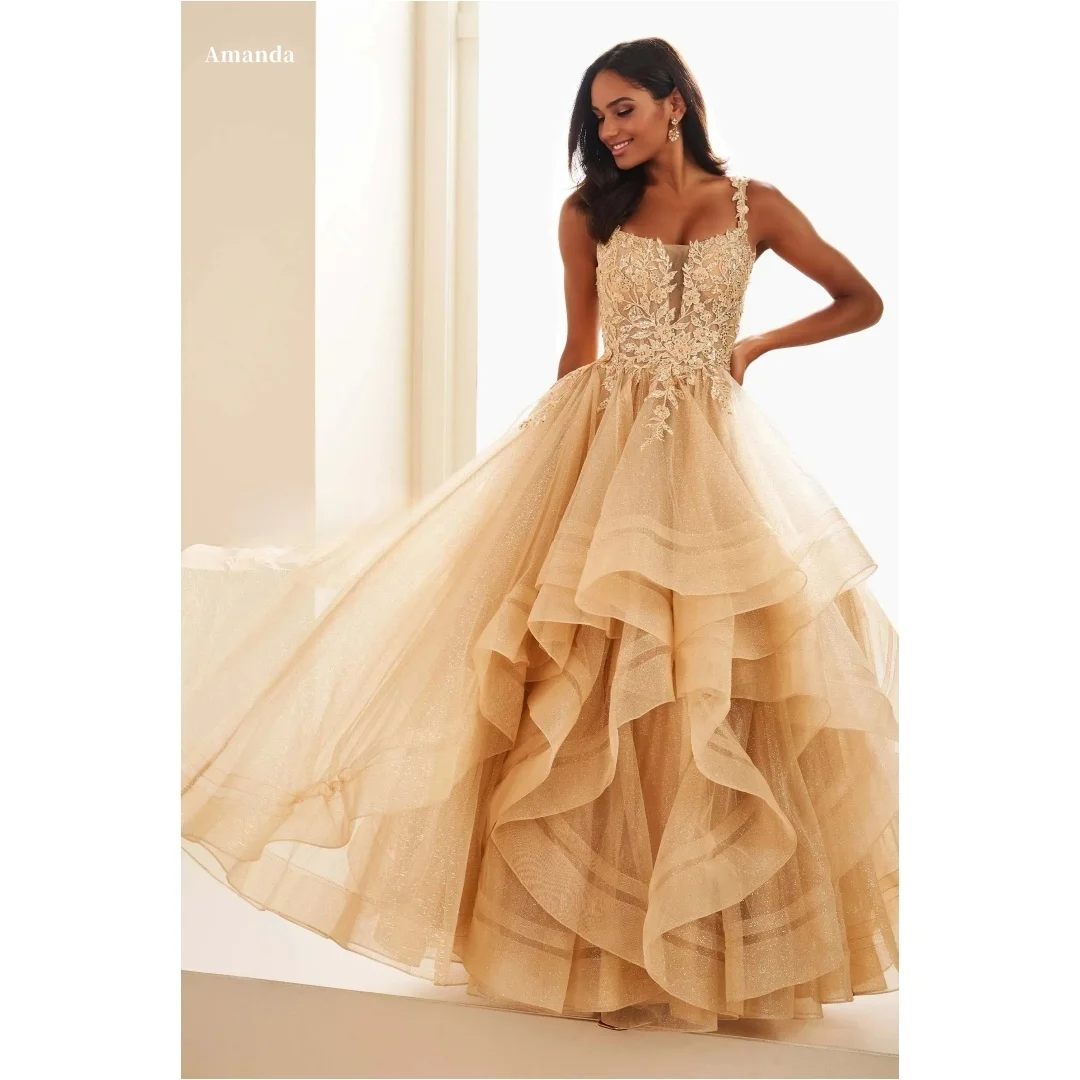 

Аманда по индивидуальному заказу цвета шампанского на тонких бретельках с квадратным вырезом и кружевной вышивкой, платье для выпускного вечера, многоуровневая тюлевая юбка с рюшами, длина до пола