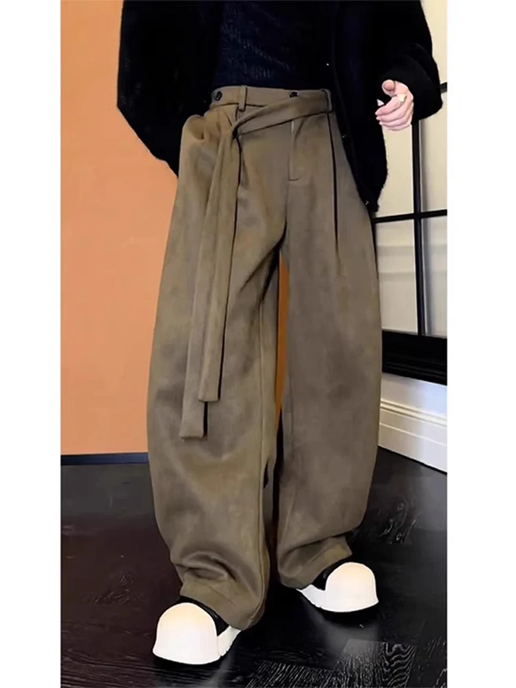 Dragon Tao Suede Velvet Bend Knife Pants Men's Autumn Winter Drifting Belt Design Sense Loose Casual Pants Straight Leg