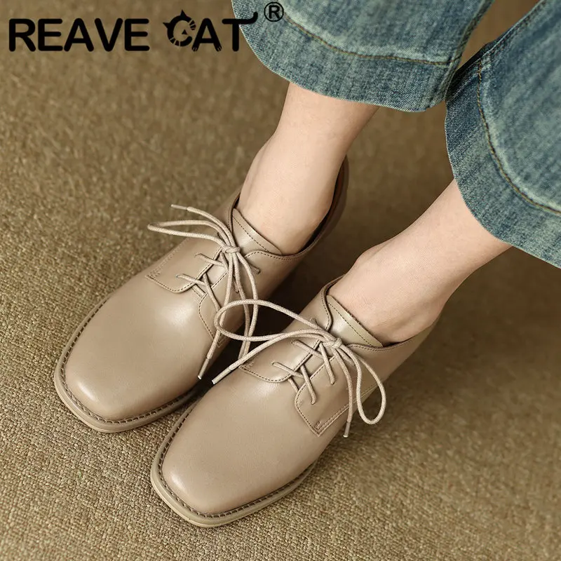 

Женские кожаные туфли-лодочки REAVE CAT, элегантные туфли на высоком массивном каблуке 7 см со шнуровкой, туфли для свиданий, размеры 41