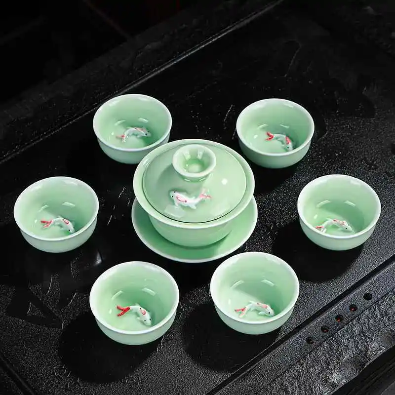 

Синий фарфоровый чайный набор Гунфу: удобные чашки, чайник, крышка, пиала, не протекающие, для дома и офиса, в простом японском стиле