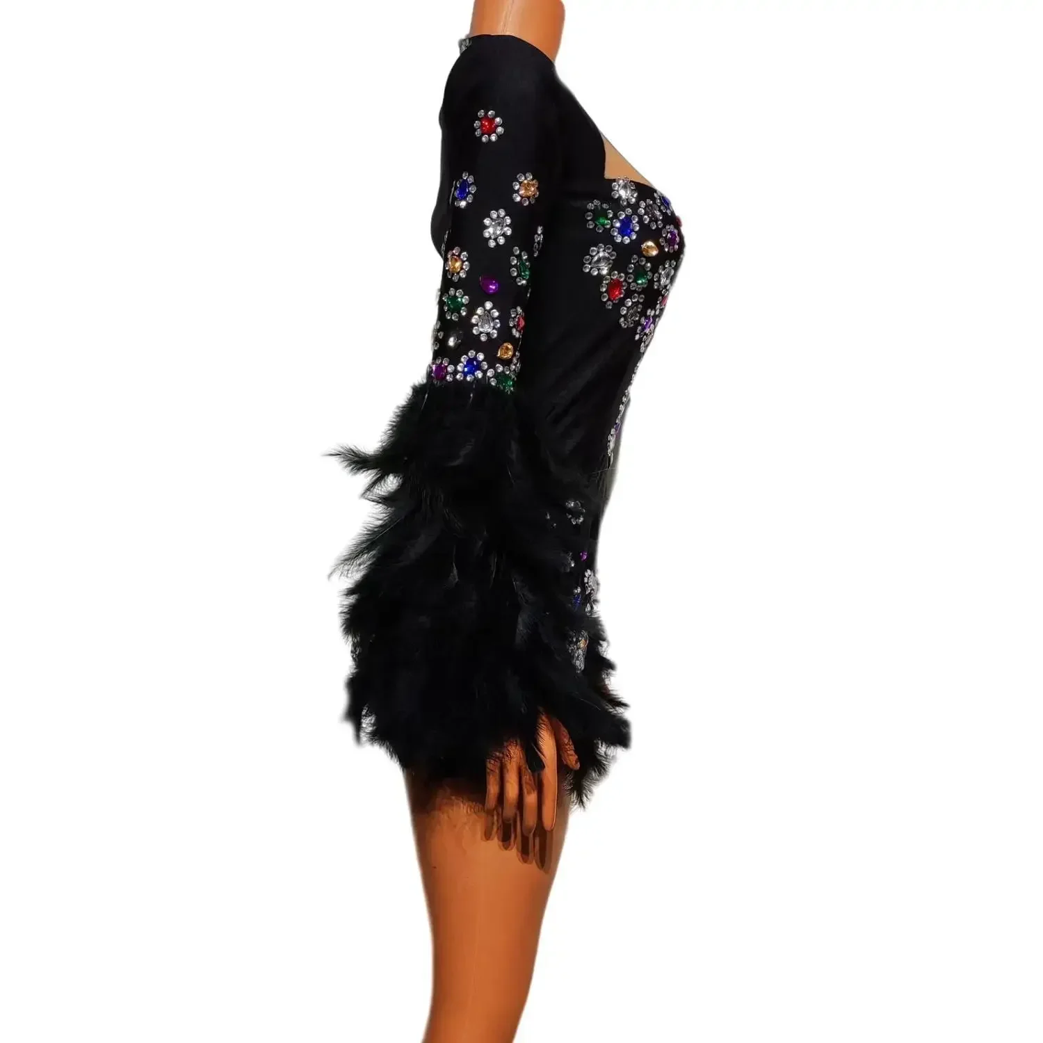 سويهوا-جمبسوت مثير بقصة ضيقة من الريش الزهري الكريستالي ، مضيف الحفلة ، ثياب بار للملهى الليلي ، ملابس رقص الأداء ، أسود ،