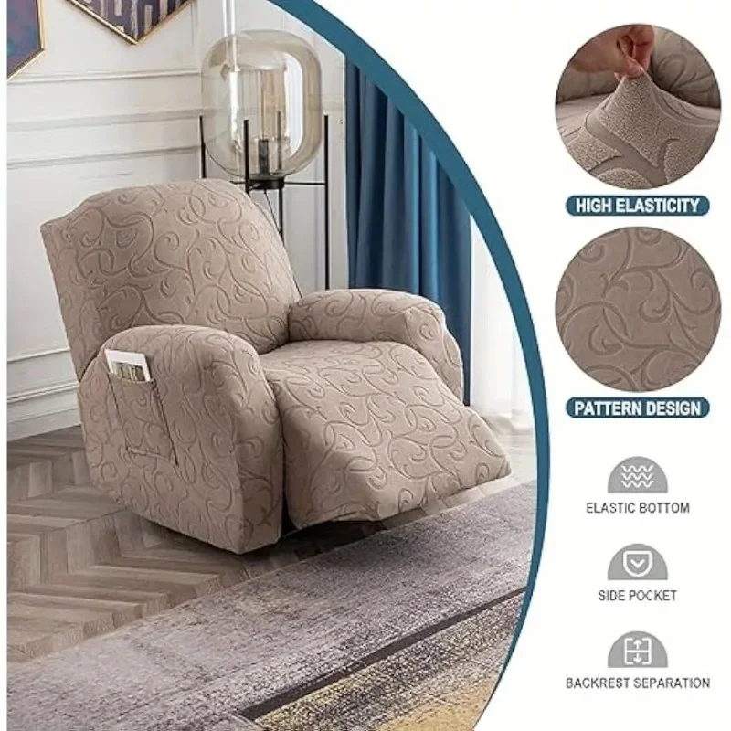 4Pcs/Set Pockets Spandex Soft Armchair Sofa Cover Stretch Thickened Hook Flower Texture Jacquard Velvet Recliner Sofa Cover