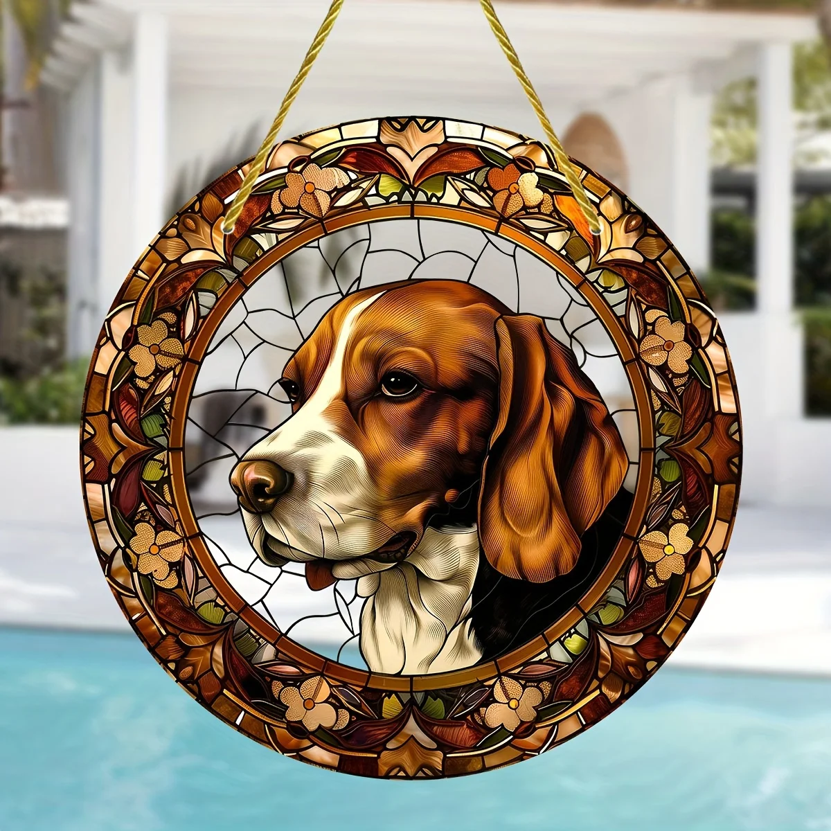 Beagle Dog Stained Glass Window Hanging Suncatcher,Round Acrylic Sign for All-Season Decoration,Wreath,Garden,Home,Office Decor