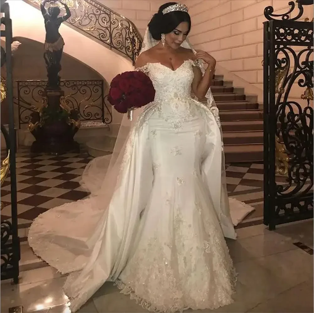 Personalize vestidos de casamento de renda frisada sereia vestidos de noiva trem destacável fora do ombro apliques marfim cetim vestido de noiva