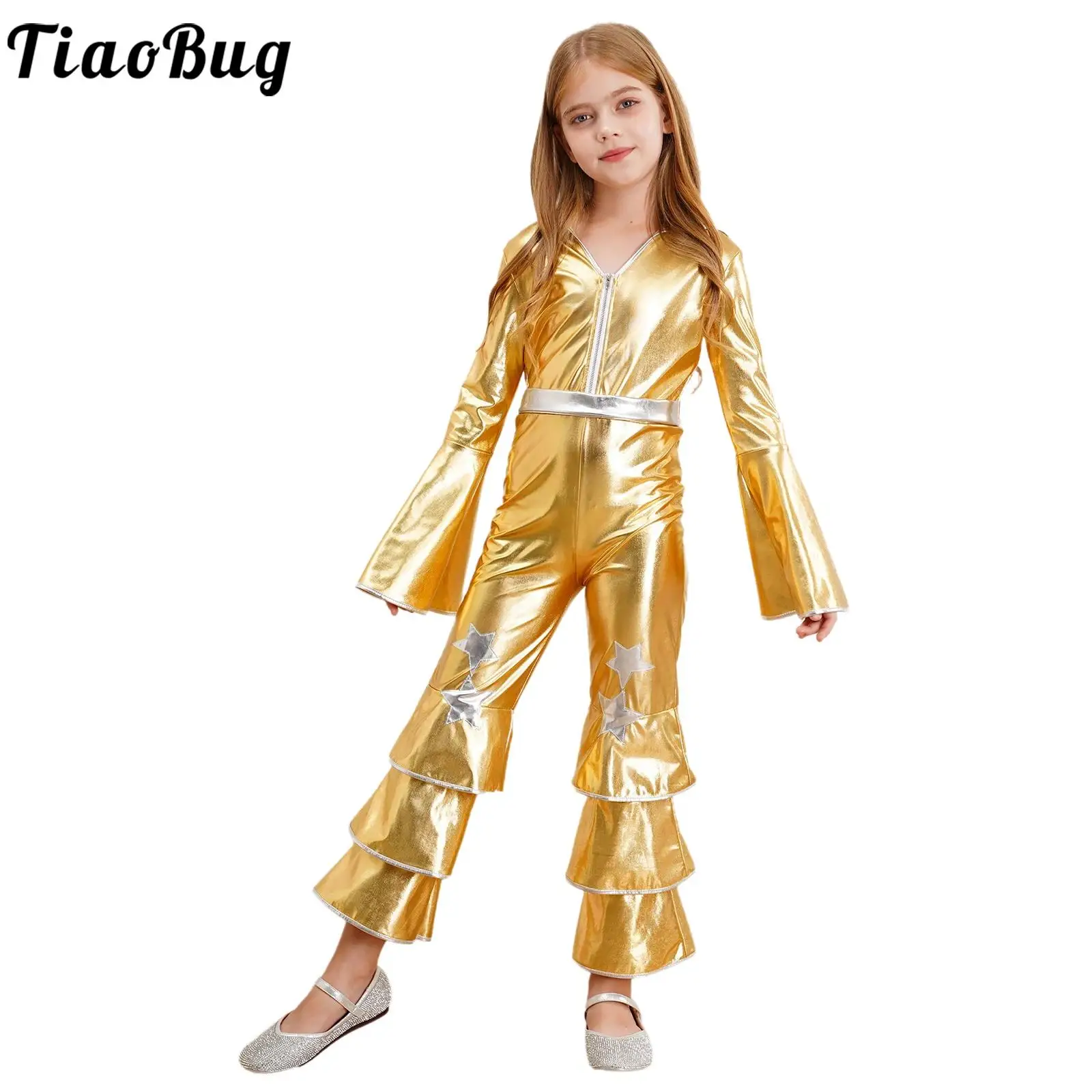 Kids Girls Shiny Dance 1970s Disco Full Bodysuit Long Flare Sleeve Bell Bottom Zipper Jumpsuit Cosplay Performance Costume