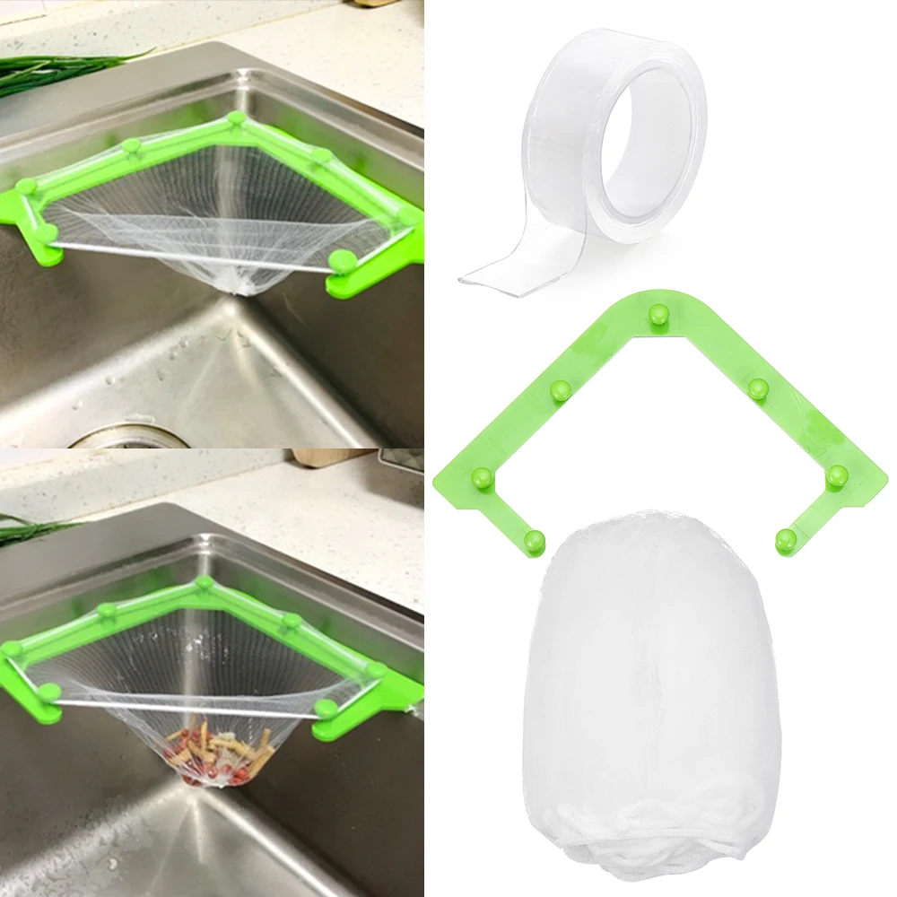 Triangle Tri-Holder Filter Sink Strainer Bag Leftovers Garbage Storage Rack Kitchen Hanging Fine Mesh Net Holder