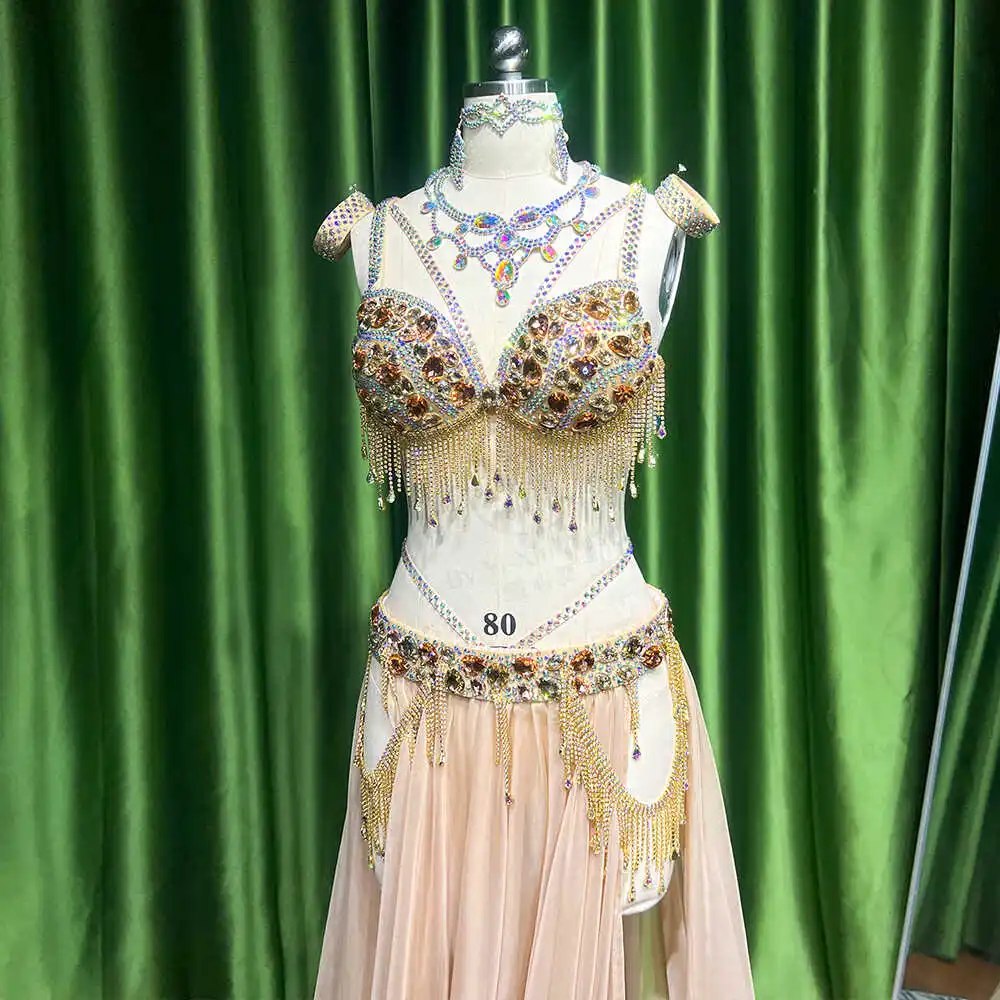 Customized Eastern Belly Dancewear Women Clothes Tassel Belly Dancing Bra Skirt Belt Oriental Dance Costume Group Stage Suit Set