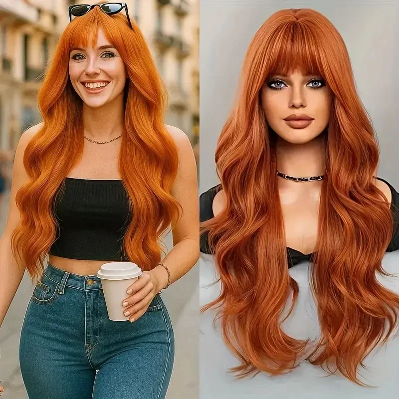 Orange synthetic wig with big waves for Halloween party wig for cosplay character play wig for daily use, hot wire wig set