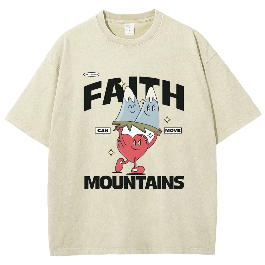 Faith Mountains Y2K Washed Short Sleeves T-Shirt, Printed Creative Unisex Oversized Vintage Streetwear Fashion Plus-Size Tops