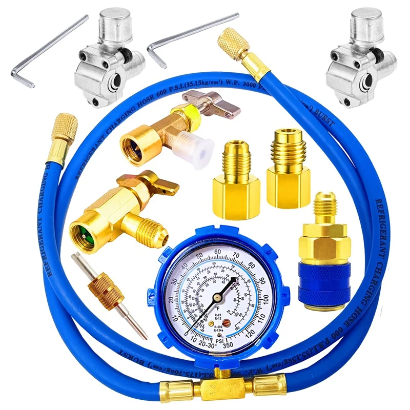 A/C R134A Refrigerator Freon Recharge Kit With Piercing Valves, Refrigerant Charging Hose With Gauge