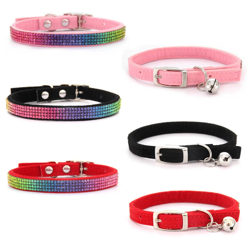 

Shiny Rhinestone Pet Collar Safety Adjustable Cat Dog Collars With Bell Puppy Kitten Decoration Accessories Leather Flocking