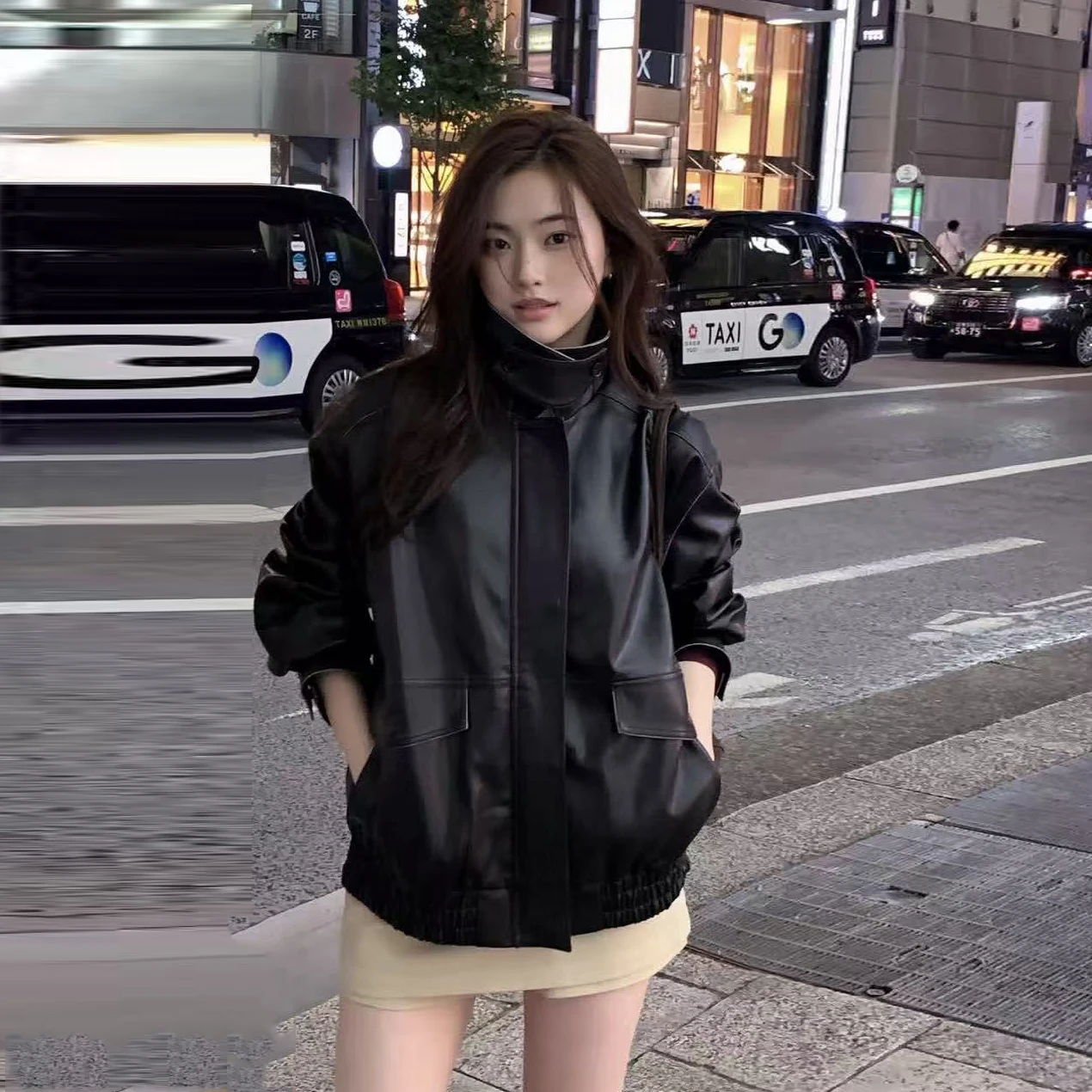 Retro Loose Fit PU Leather Jacket Heavy Duty Motorcycle Style Turn-down Collar Casual Fashion Women's Coat Long Sleeve