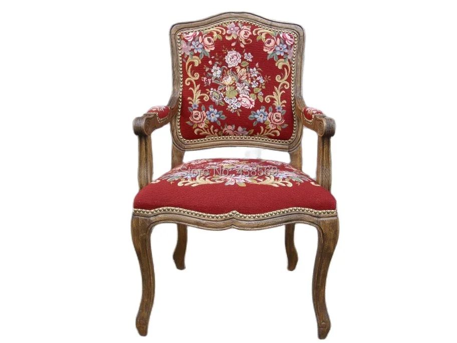 Free shipping  Antique Arm Chair Fauteuil Louis XV style Gobelin Tapestry Carved Wood Hobnails with needlepoint covers