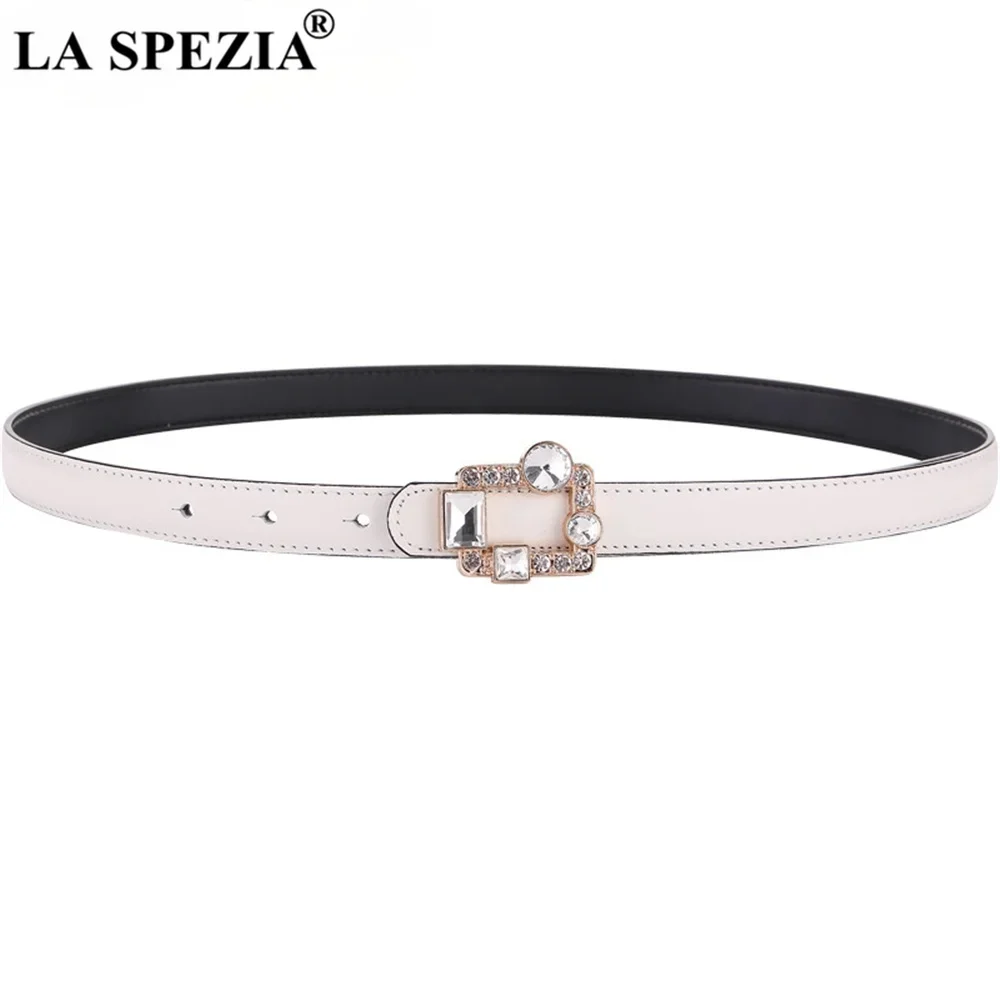 LA SPEZIA White Genuine Leather Women Belt Real Cowskin Ladies Waist Belt Rhinestone Pin Buckle Vintage Thin Diamond Pants Belt