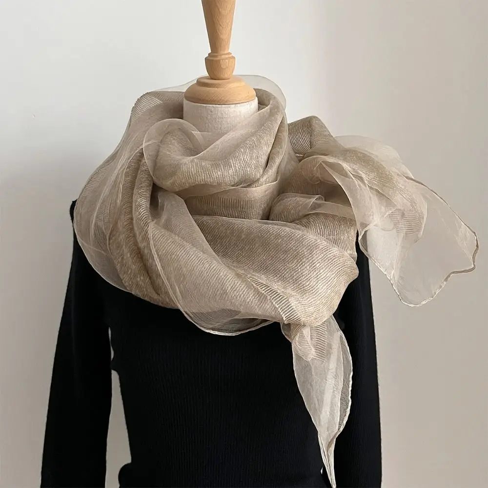 Elegant Solid Color Silk Scarf Long Mesh Wraps Double Layer Organza Hijab Scarf Summer