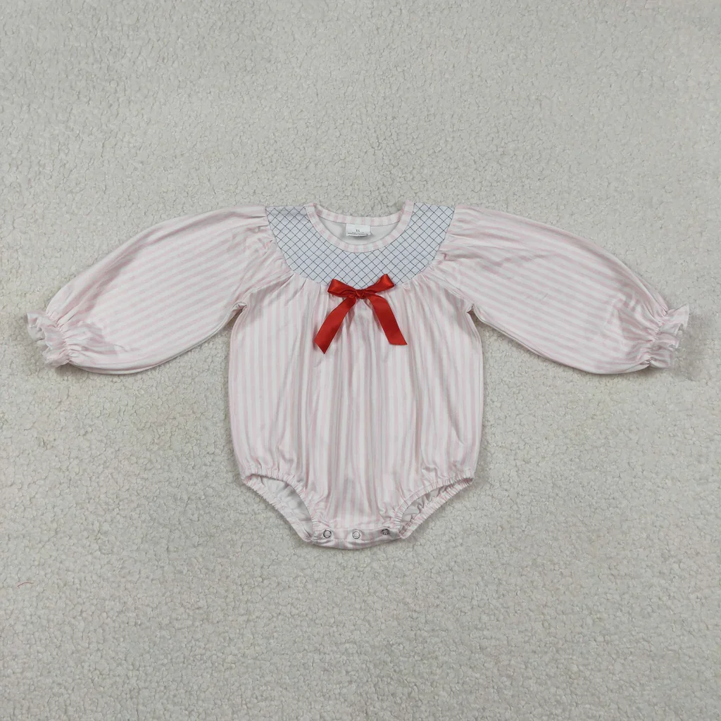 

0-2 Years Boutique Embroidery Bows Stripe Pink Baby Bubble Romper