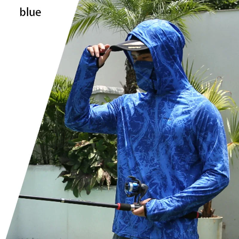 Hooded Summer Fishing Shirt with Face Mask Fashion Ice Silk Sun Protection Fishing Clothes Quick Dry Men's Outdoor Fishing Shirt