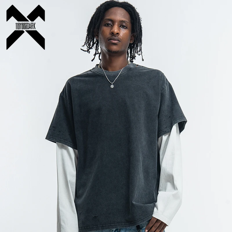 

Vintage Washed Distressed Long Sleeve T-Shirt for Men and Women 2026 Fake Two-Piece Design T Shirt Unisex Tops Tees Y2K
