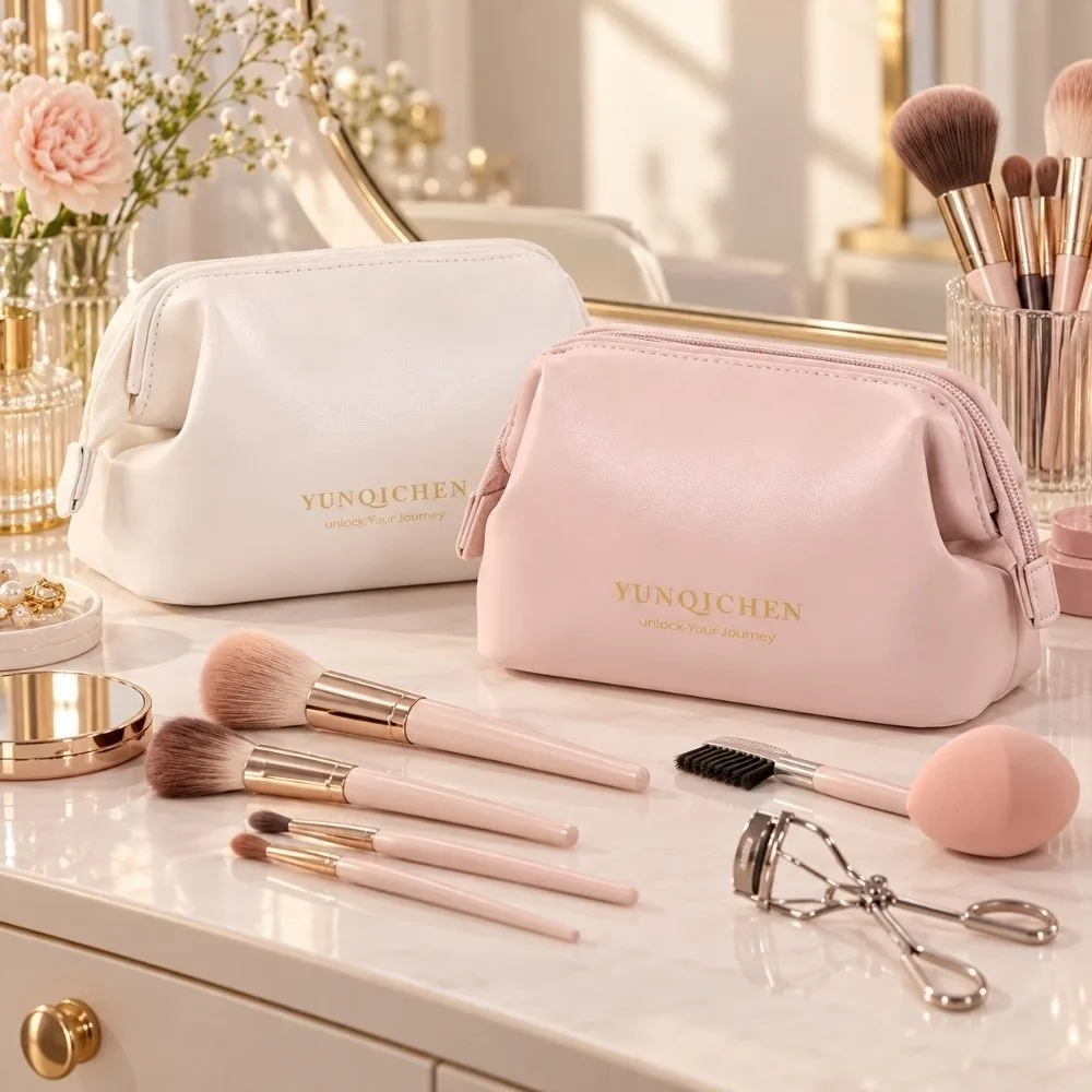 Multi-purpose PU Cosmetic Bag Waterproof Solid Color Makeup Pouch With Zipper Large Opening Travel Makeup Bag Storage Organizer