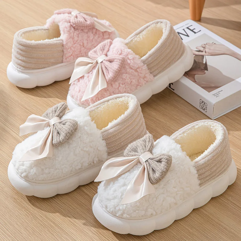 Bow cotton slippers new cotton shoes for women home autumn winter indoor warm moon cotton mop support winter