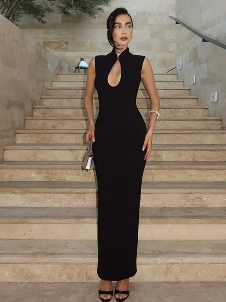Vrouwen mouwloze uitgehold bodycon lange feestjurk high street kantoor dame elegante hoge taille split effen avond prom jurken