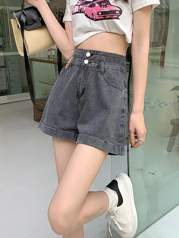 New Korean Academy Casual Women's Wide Leg Shorts Summer Street Yk2 Harajuku High Waist Fashion Women Loose Button Denim Shorts