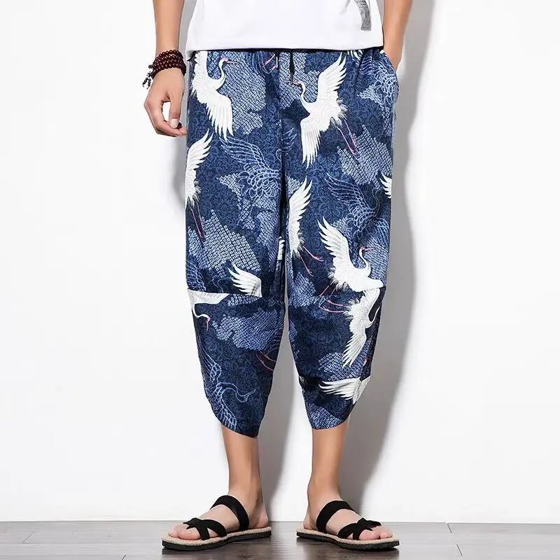 Men Birds Print Calf Length Cross Pants Nepal Thailand Vacation Holiday Harem Trousers Beach High Street Distinct Oversize Pants