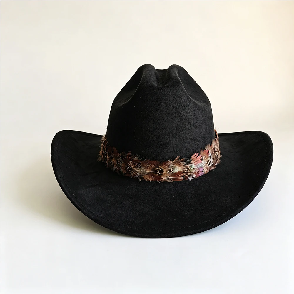 Suede Cowboy Hat with Feather Band for Men Women Western Outback Hat Vintage Rodeo Festival Party Costume Wide Brim Cowboy Hat