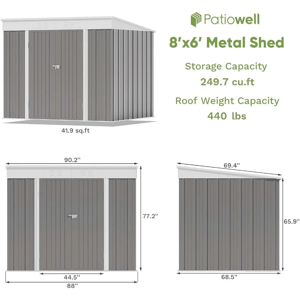 Cobertizo de almacenamiento exterior de Metal de 8 'x 6', equipado con rejillas de ventilación y bloqueo, construcción de acero galvanizado, resistencia y resistencia a los rayos UV, gris