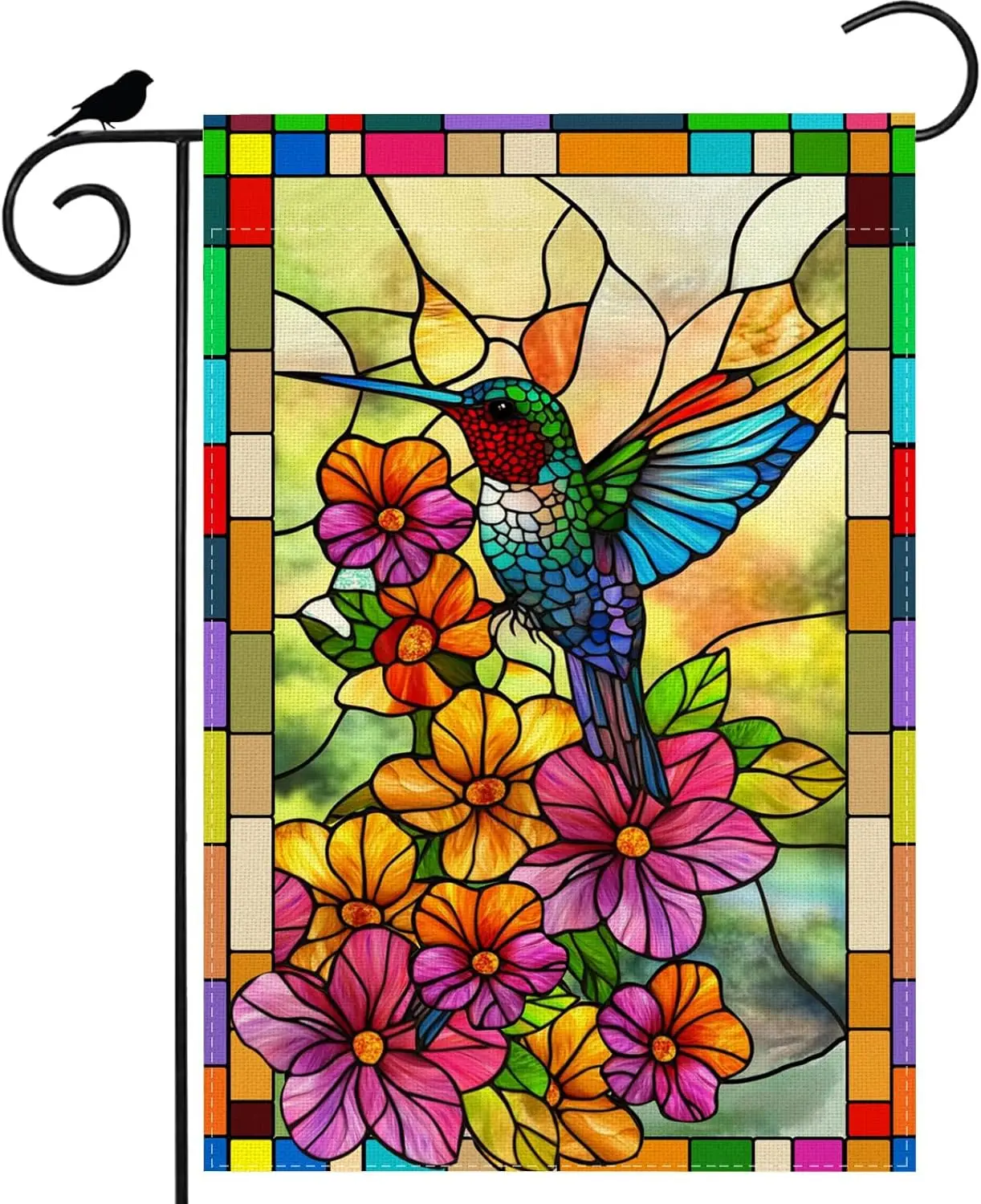 Spring Hummingbird Flowers Stained Glass Garden Flag Seasonal Yard Flag 12x18 Inch Double Sided Small Mini Yard Outdoor Outs hhz
