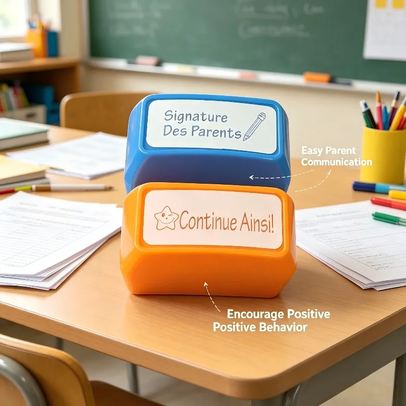 French teacher's self-printed stamps, parent signature stamps, and 