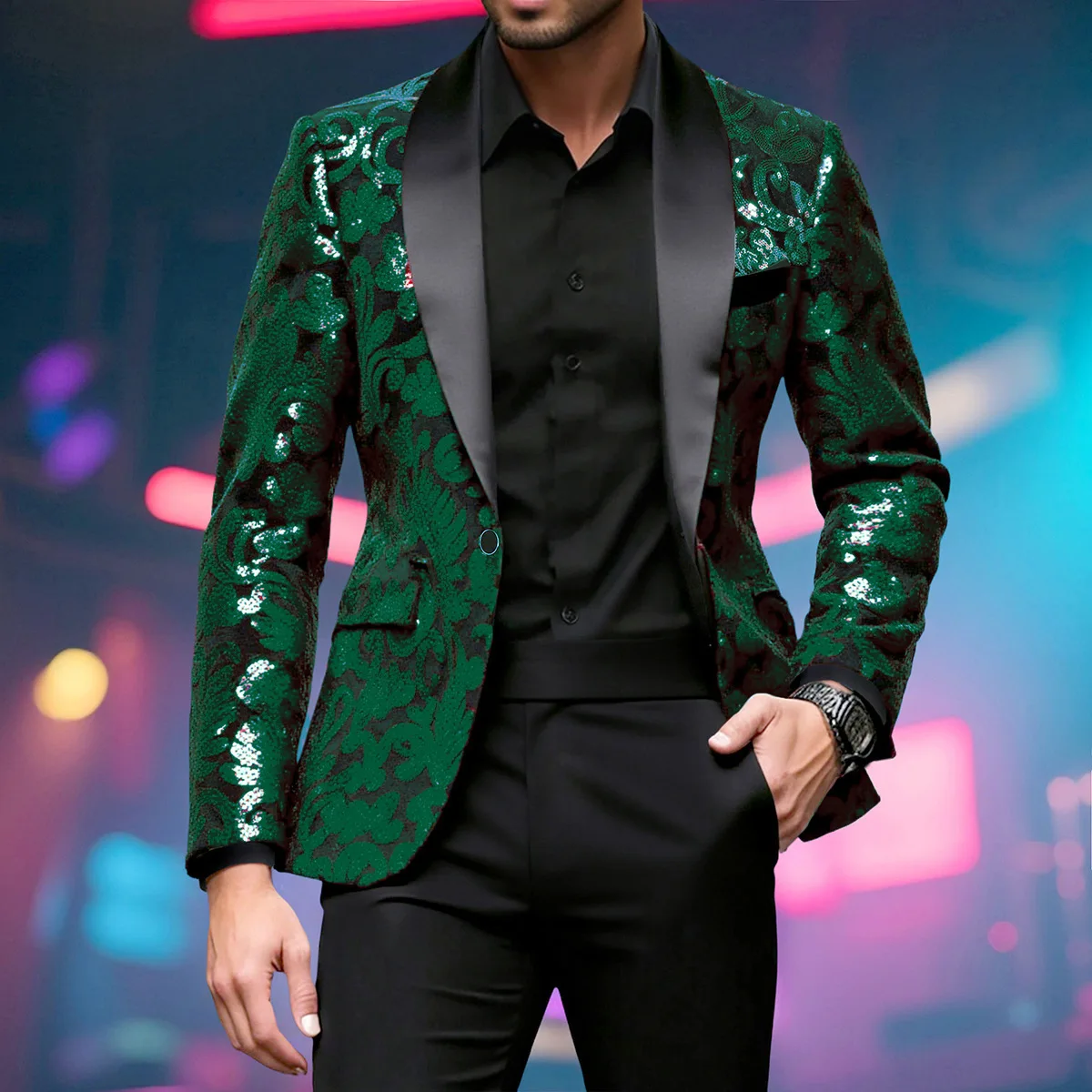 Customization Shiny Sequin Embellished Single Button Stage Performance Outerwear In Blue Gold Green Purple Options For Men's Red