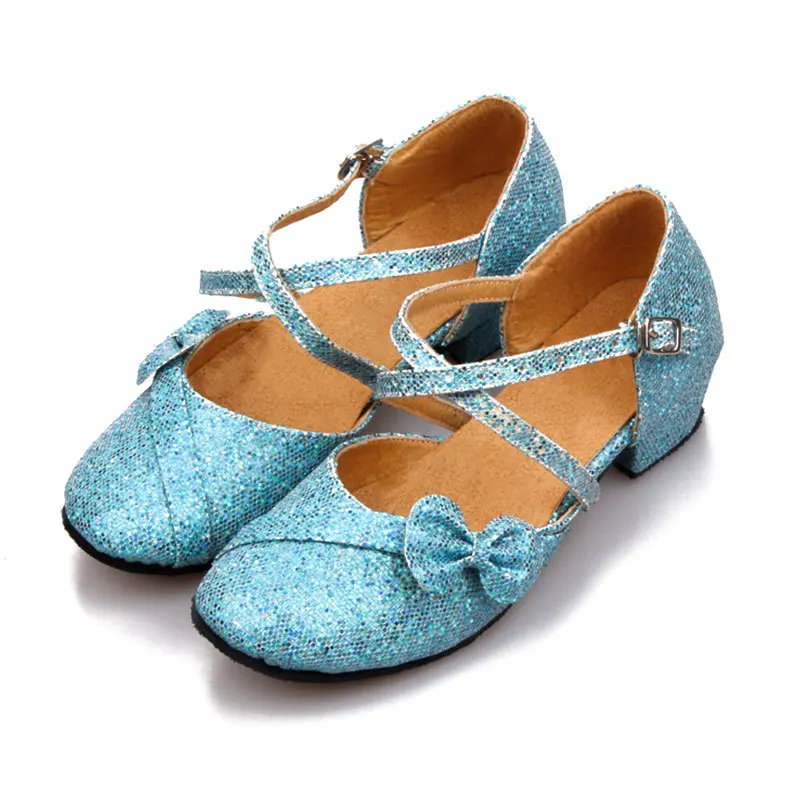 Glitter Bow Closed Toe Latin Dance Shoes Kids Girls Children Women Ballrrom Tango Low Heels 3.5CM Dancing For Ladies Salsa Shoes