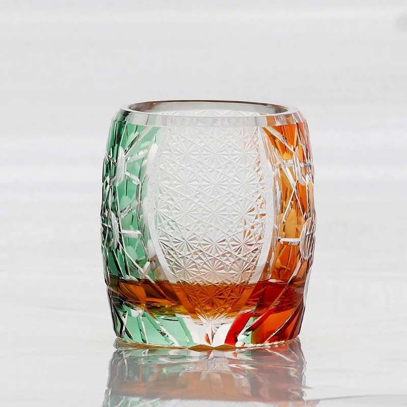 

Solar System 9.5 oz Heavy Edo Kiriko Tyle Red Green Crystal Glass Rock Glass Old Fashioned Tumbler With Hand Cut Mars Design