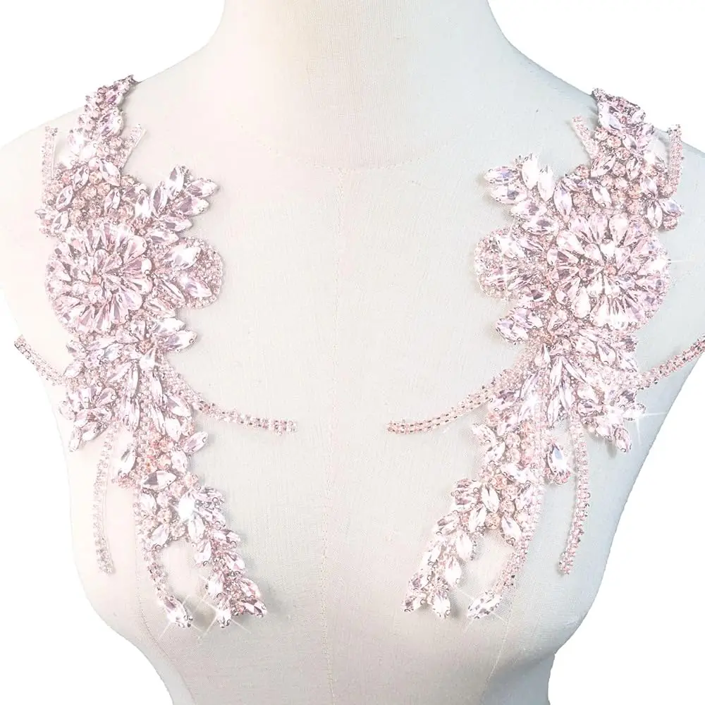 

1 Pair Rhinestone Beaded Applique Patches Pink Iron on Handcrafted Hot Fix Clothing Diamond DIY for Evening Dresses Bridal G