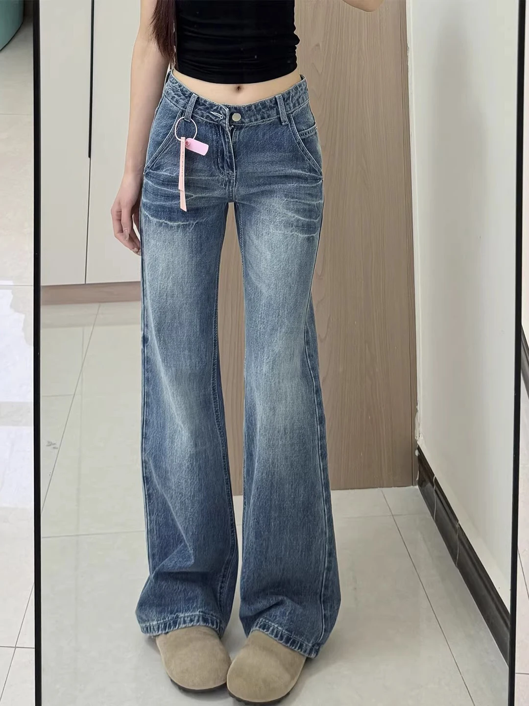 

Retro Distred Flared Jeans Women's Loose Fit High Waist Slimming Long Pants Autumn Spring plus Size Comfortable Denim Skin...
