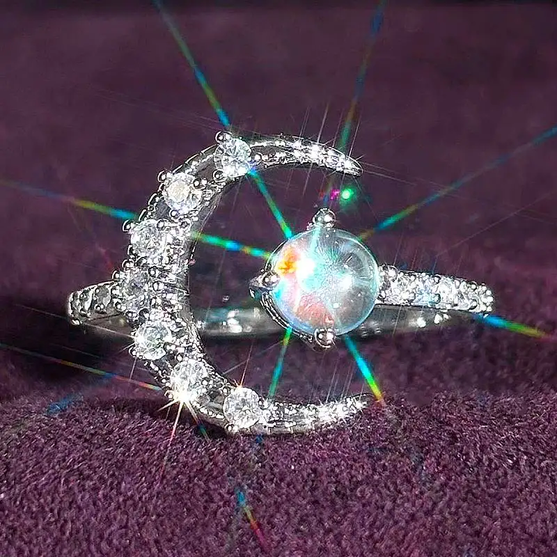 Huitan Moon Damen-Öffnungsring, Imitationsopal, elegant, trendig, Party, Hochzeit, Finger-Accessoires, eingelegt, glänzend, CZ, bezaubernder Schmuck