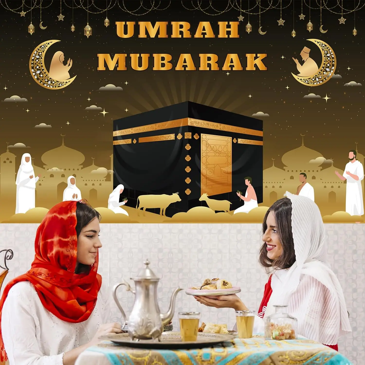 Duży baner Umrah Mubarak, tło Hajj Kaaba, dekoracje ramadanowe do domu, islamskie, muzułmańskie, na przyjęcie Eid Al-Fitr