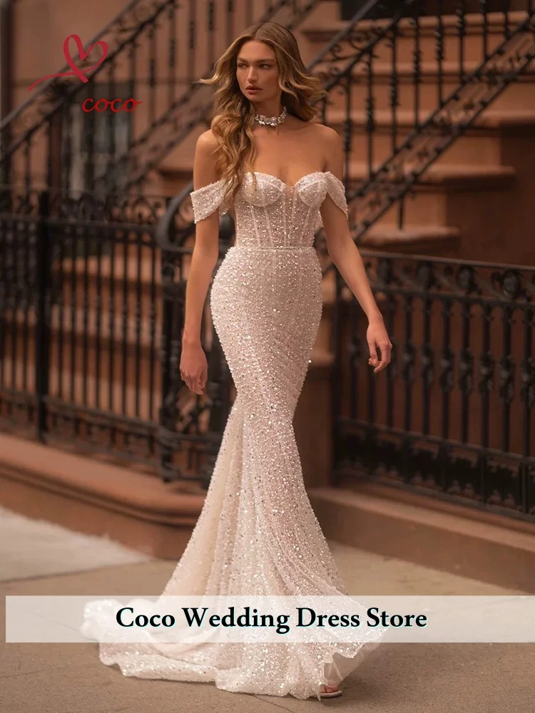 Customized Exquisite Sequined Mermaid Evening Prom Dresses Off-Shoulder Evening Dresses Beading Backless Party Prom Gowns